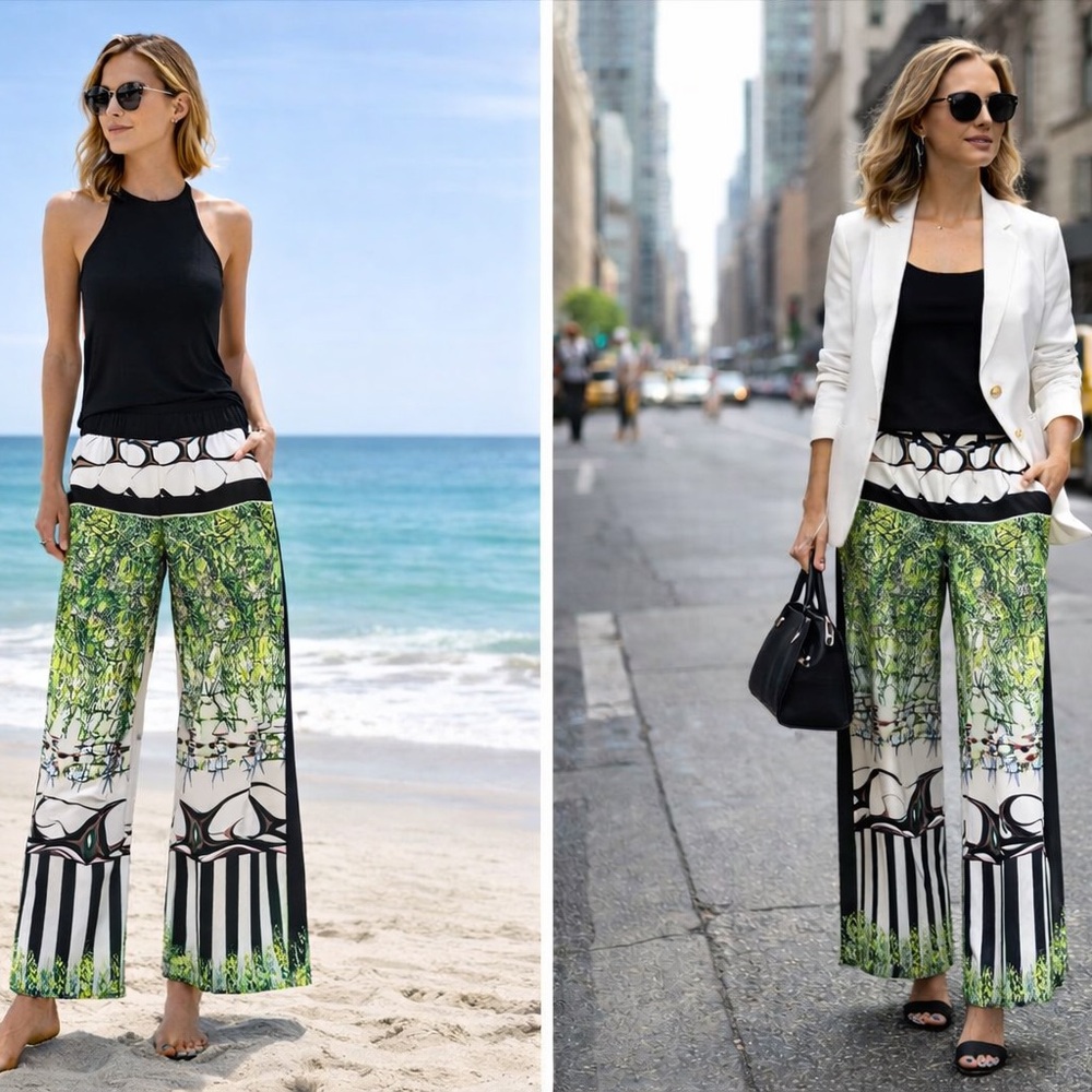 Clover Canyon Printed Wide Leg Pants | Scenic Graphic Print | Size M